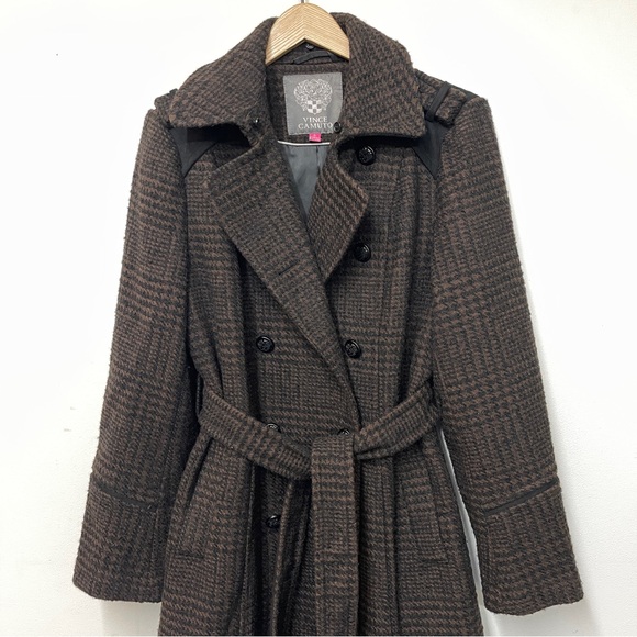Womens Vince Camuto Double Breasted Belted Wool Black Brown Plaid
